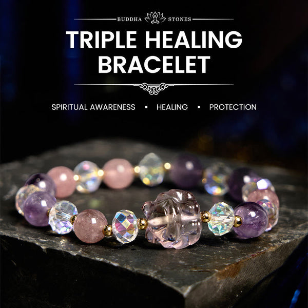 Buddha Stones Amethyst Strawberry Quartz White Crystal Nine Tailed Fox Meditation Bracelet