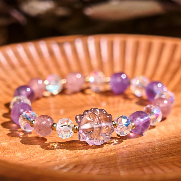 Buddha Stones Amethyst Strawberry Quartz White Crystal Nine Tailed Fox Meditation Bracelet