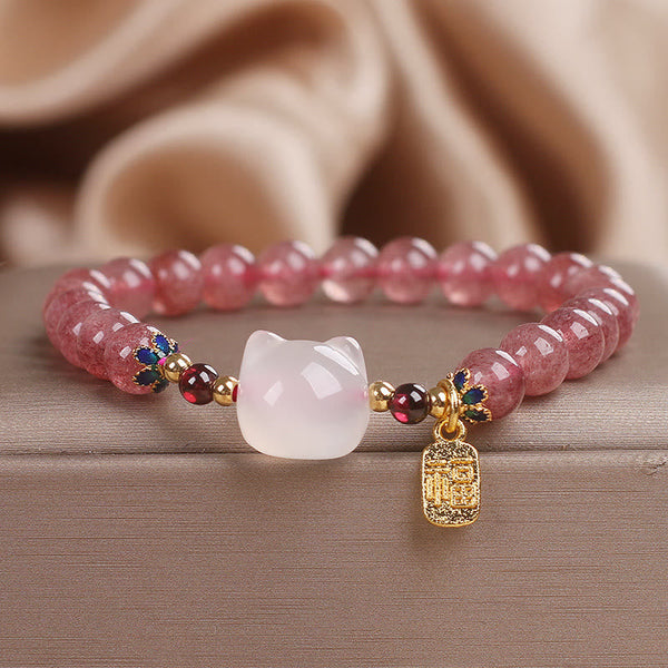 FREE Today: Love and Healing Strawberry Quartz White Jade Cat Fu Character Bracelet