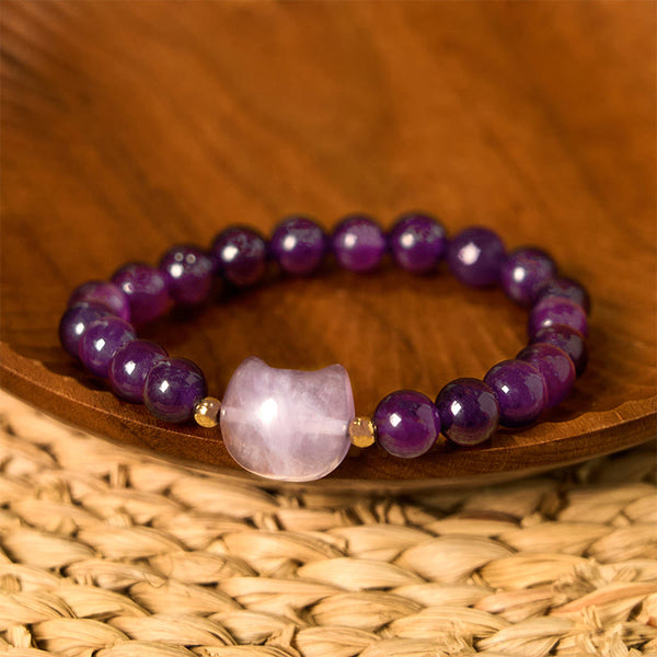 Buddha Stones Amethyst Green Aventurine Rose Quartz Fluorite Cat Head Balance Luck Bracelet