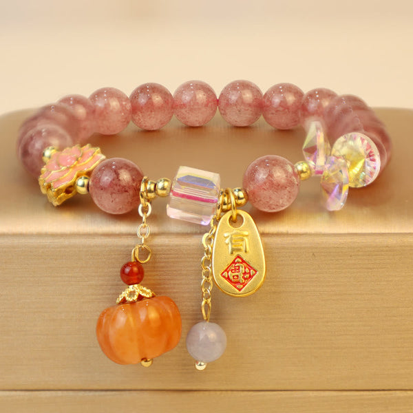 Buddha Stones Natural Strawberry Quartz Fu Character Pumpkin Charm Positive Bracelet